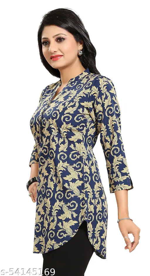 Blue and yellow printed crepe three-quarter sleeve dress top by Aakarsha Refined for women, India origin