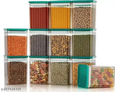 Green airtight modular kitchen plastic storage container set, 12 pieces, 2200 ml capacity, premium quality, space-saving design for pantry organization (India)