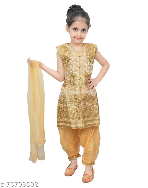 Fawn beige embroidered Patiala suit for girls, cotton blend, knee-length anarkali with palazzos and dupatta. Indian ethnic kids wear from RK Collection