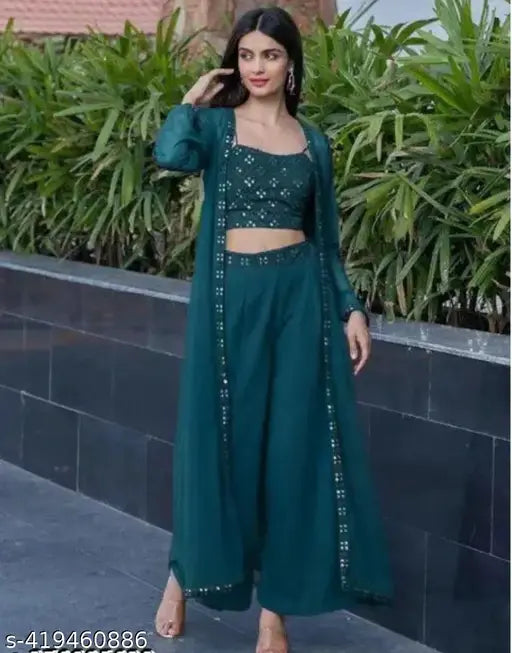 Elegant georgette mirror work kurta, shrug & palazzo set - Indian festival wear in checked design