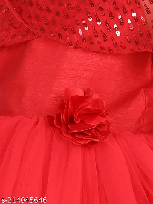 Red embellished net hi-low girls party dress, toy balloon design for 1-2 years