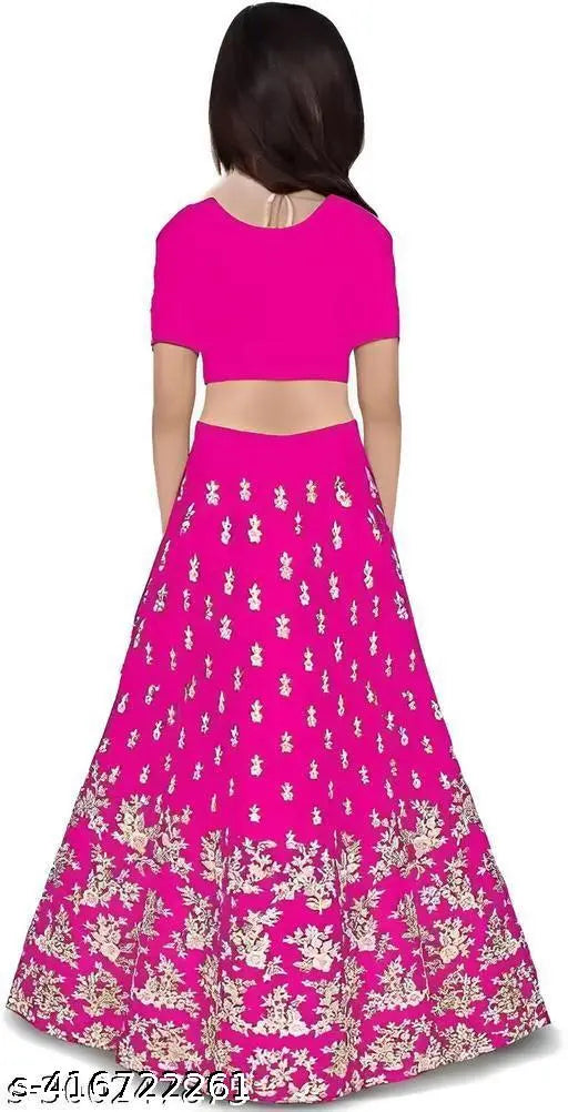 Kids Taffeta Silk Fency Lengha choli for traditional wedding parties and festivals, embellished with semi-stitched net embroidery, available in various sizes from 0-3 months to 14-15 years. Indian handcrafted clothing on display