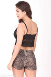 Leopard print sleeveless net crop top, satin shorts & robe set, soft and smooth imported fabric for women's nightwear