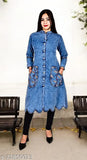 Denim A-line kurti for women, dyed/washed combo, three-quarter sleeves, L (Bust 40in, Length 47in), India, stylish casual or festive wear