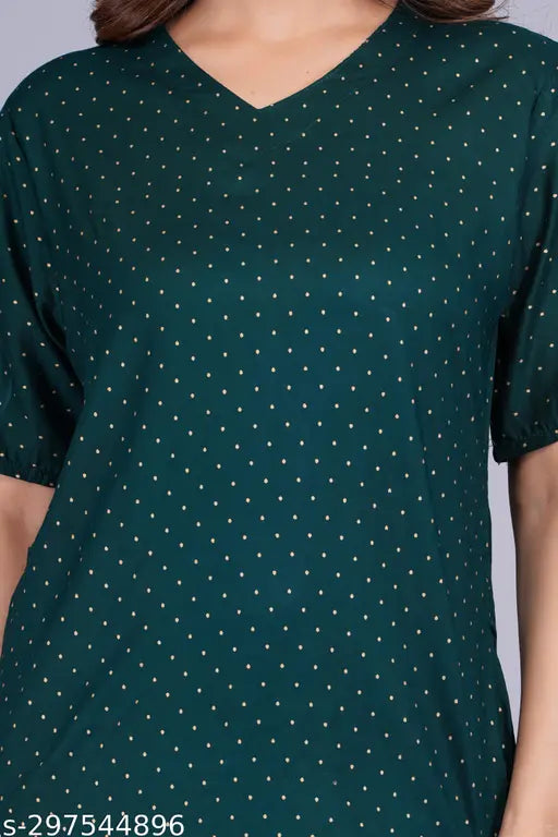 Bottle green polka dot printed rayon nightwear set with side pocket for ladies, made of quality pure cotton fabric - KALAVISHA exclusive design