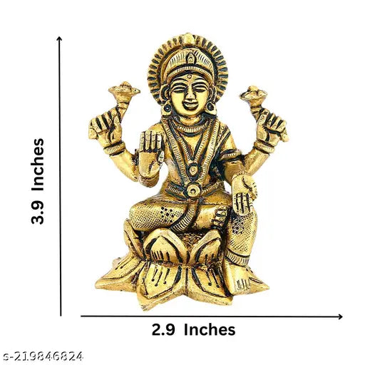 Brass Kamal Sitting Lakshmi Idol, golden yellow figurine, 2.9" x 2" x 3.9", Indian handcrafted decorative item