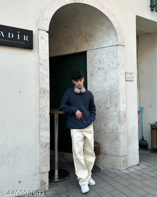 Wide-leg denim jeans for men, solid pattern, size 28/32, made in India