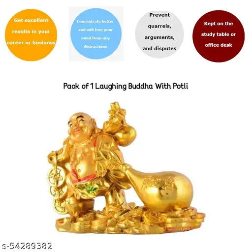 Gold Laughing Buddha decorative showpiece, 10.16 cm multicolor polyresin Vastu item, intricately handcrafted in India