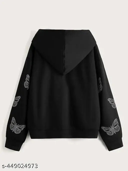 Trendy fleece hoodie with long zipper printed design for women, available in sizes S-XL (India)