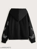 Trendy fleece hoodie with long zipper printed design for women, available in sizes S-XL (India)