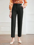Cotton Lycra vintage plaid straight-fit trousers for women with drawstring, black formal pants option available