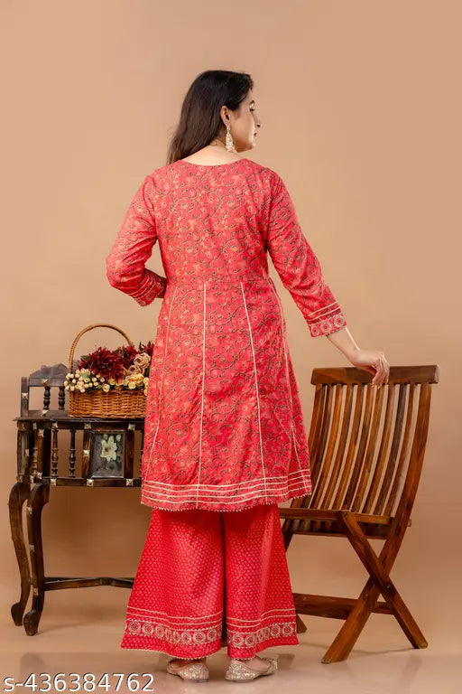 Rayon peach embroidered anarkali set with dupatta and sharara, Indian festival collection, three-quarter sleeves