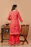 Rayon peach embroidered anarkali set with dupatta and sharara, Indian festival collection, three-quarter sleeves
