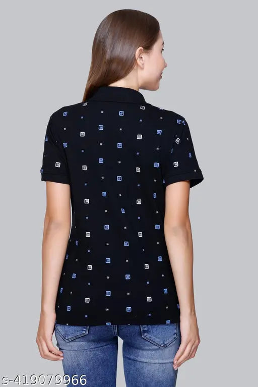 Black cotton blend short-sleeved women's polo neck t-shirt by Pyro Spirit, perfect for parties and special occasions