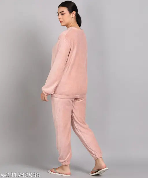 Women's pink wool winter nightsuit pack of 1 - solid wood fabric, long-sleeved pajamas for sleepwear, loungewear, or nightwear