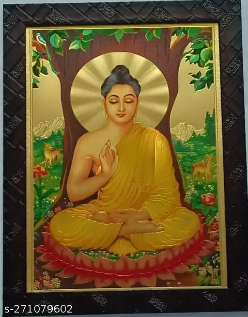 Gold synthetic resin Buddha statue in photo frame, 9*12 inches, depicting enlightenment under the Bodhi tree, symbolic of Buddhism