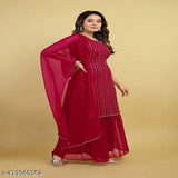 Trendy faux Georgette embroidered kurta set with sharara and dupatta, Indian women's fashion stitched in georgette fabric