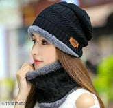 Woolen winter cap & neck warmer (free size), snow-proof & fur-lined, perfect for men & women in cold weather