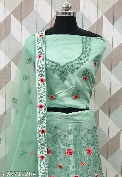 Pink net lehenga choli with embroidered details, ideal for weddings, festivals, and parties. Indian ethnic wear, semi-stitched for a custom fit