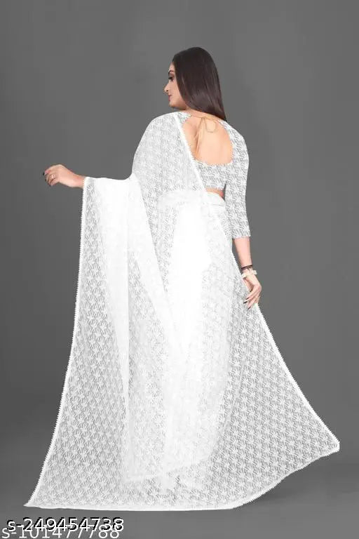 White cotton blend Rasal saree with embellished net blouse, perfect for parties and events