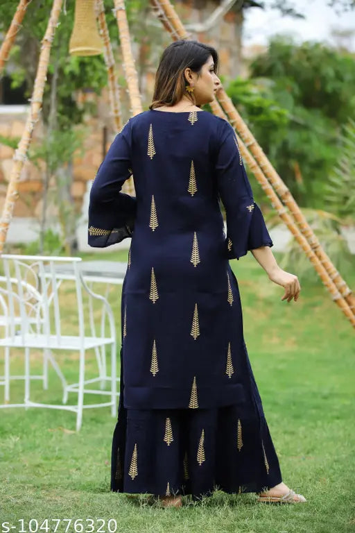 Rayon navy blue gold print kurti-sharara set, three-quarter sleeves women's clothing, Indian craftsmanship