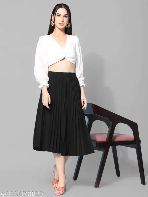 Black crepe pleated midi skirt, full length, elastic waist, flared hemline - Indian fashion trend for all body types