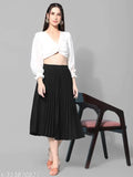 Black crepe pleated midi skirt, full length, elastic waist, flared hemline - Indian fashion trend for all body types