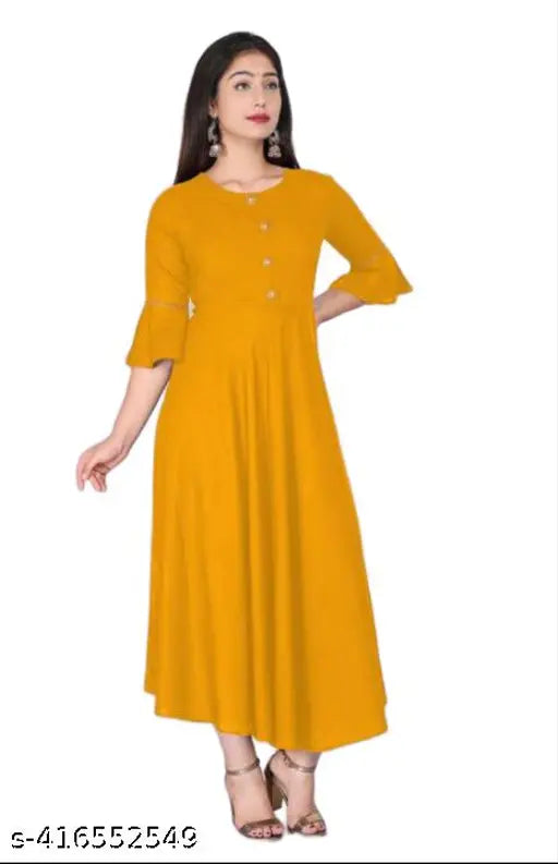 Yellow rayon Anarkali kurti with bell sleeves, single color women's fashion on low price, India