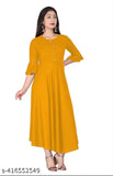 Yellow rayon Anarkali kurti with bell sleeves, single color women's fashion on low price, India