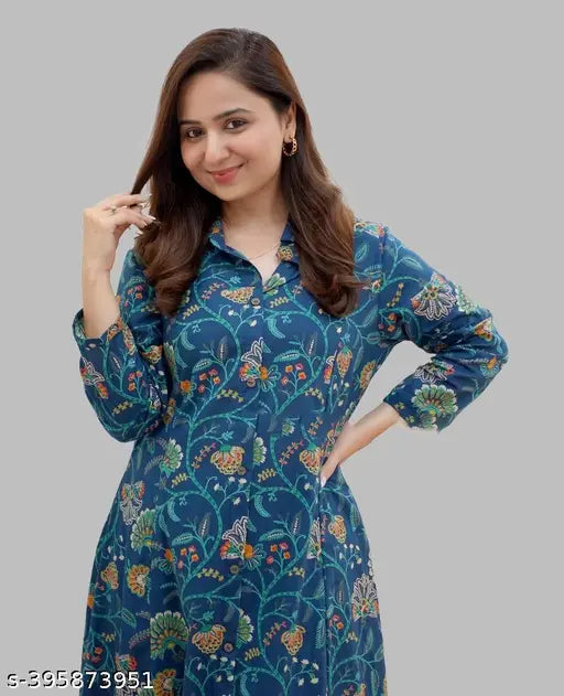 Green cotton cord set for women, three-quarter sleeve palazzo kurta with bottomwear, printed net design - couples set, India origin