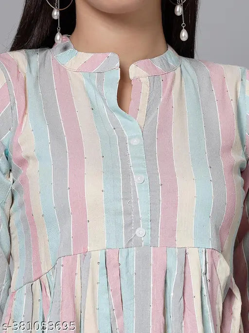 Striped embroidered cotton Anarkali Kurta in crepe fabric, Indian daily wear for women with three-quarter sleeves, available in sizes M-XXXL