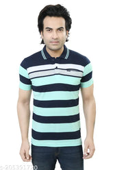 Striped multi-colored cotton blend polo t-shirt for men, half sleeve with one pocket - perfect for everyday wear