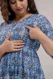 Printed cotton blend maternity gown kurta with three-quarter sleeves and two side zips. Beautiful embroidery detail. XS to XXL sizes. Indian origin