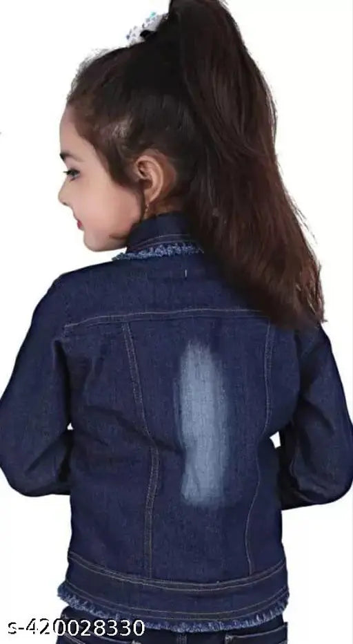 Dark denim moti jacket for kids, solid pattern, long sleeves, sizes range from 5-10 years, made in India
