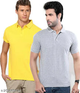 Grey yellow cotton blend men's polo t-shirt with short sleeves, moisture-absorbing for comfort, made in India