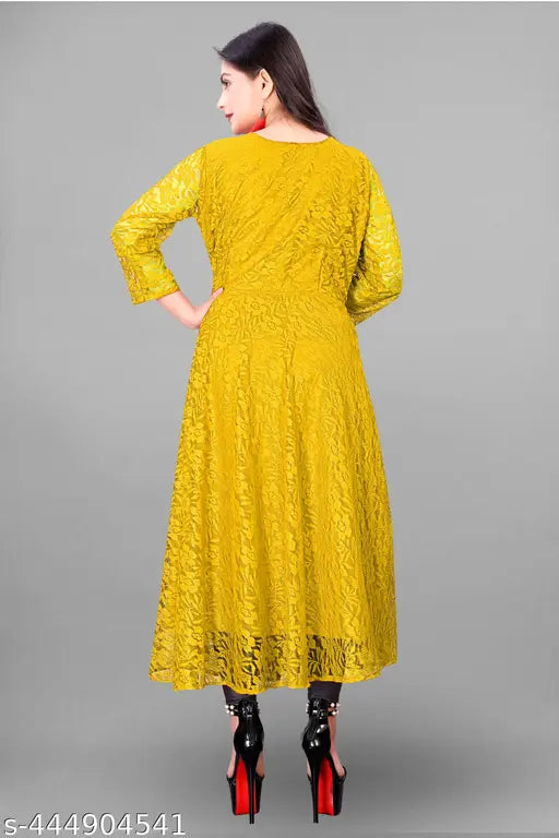 Green printed embroidery long gown with three-quarter sleeves and round neck, ideal for party wear