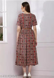 Short-sleeved printed crepe frock, stylish and inclusive with free belt. Indian-made fashion dress