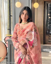 Soft light weight Georgette saree with printed border and running blouse, Abhisarika Ensemble in solid color combination