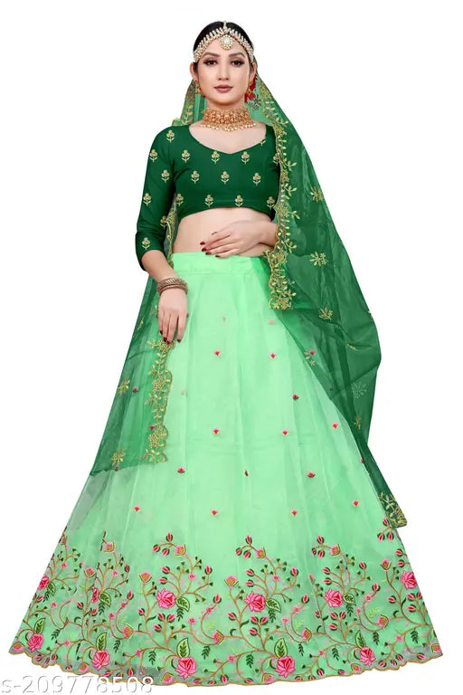 Heavy net embroidered lehenga choli set with intricate thread work, free size, dupion silk blouse, net lehenga and dupatta with semi stitch and cut work border, India origin