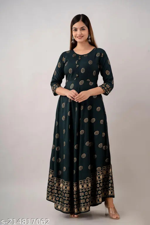 Dark green rayon Anarkali kurti with gold print, 3/4 sleeves for office/party wear