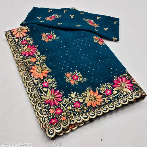 Georgette embroidered party saree with matching blouse, Indian workwear for women