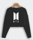 Black cotton-blend crop top with BTS print, long sleeves, suitable for women's fashion