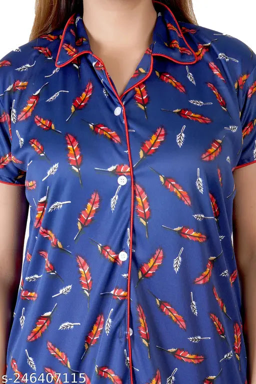 Stylish Free Size printed satin Sarina nighty suit set, comfortable bedroom pyjama/pajama for women, premium quality Indian-made nightwear