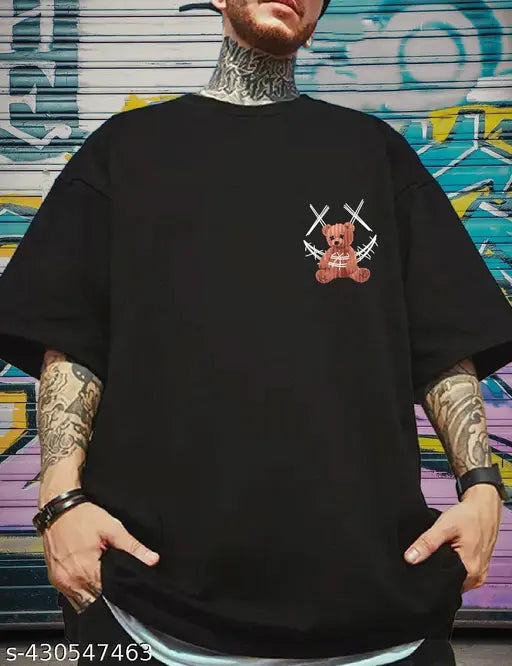 Men's black cotton graphic printed oversized half sleeve Teddy t-shirt, short sleeves with front and back teddy bear prints, XS-XXXL sizes available