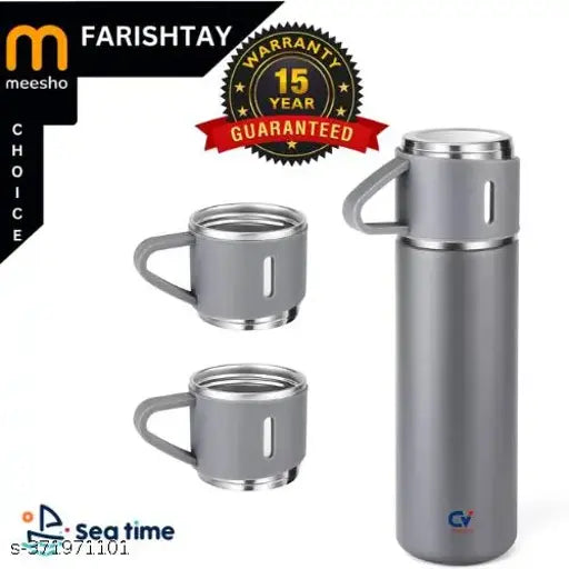 Stainless steel vacuum flask set with 3 cups (FARISHTAY), ideal for hot drink & cold water, travel friendly, rust-proof, double walled insulation