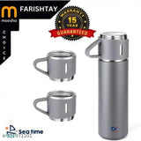 Stainless steel vacuum flask set with 3 cups (FARISHTAY), ideal for hot drink & cold water, travel friendly, rust-proof, double walled insulation
