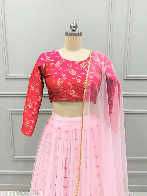 Art Silk and net Lehenga Choli with embroidered design, semi-stitched (38m x 41m lehenga, 0.8m unstitch choli, 2.2m dupatta), India origin, ready to ship