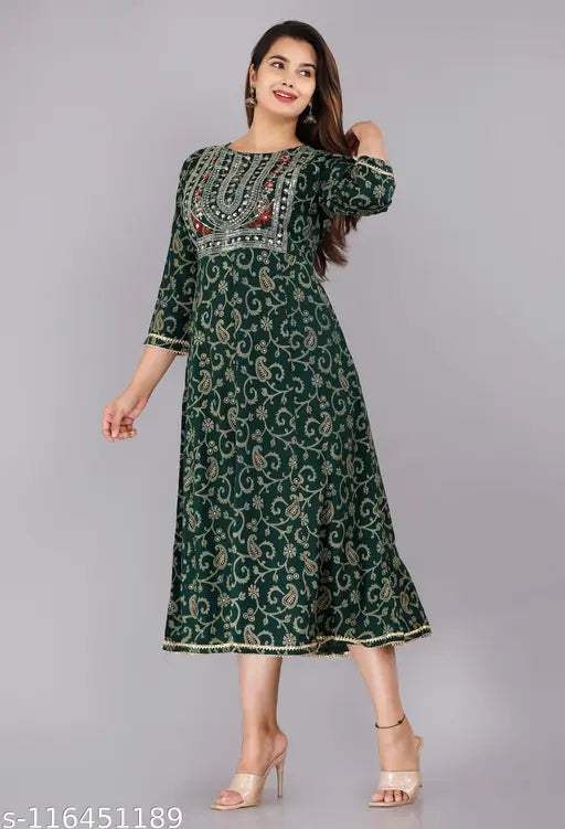 Jaipuri printed rayon anarkali kurti with sequins embroidery, three-quarter sleeves, India origin
