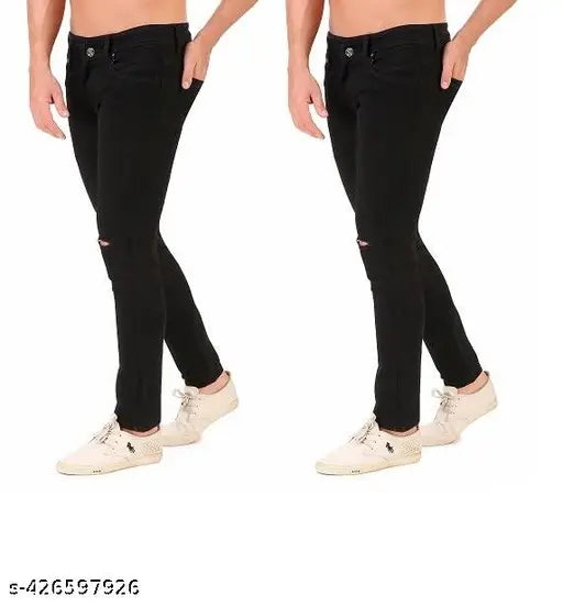 Men's black knee-cut regular jeans, mid-rise and slim fit with solid denim fabric, perfect for stylish casual wear