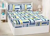 Light Green and Blue Checked Microfiber 100 Cotton Feel Double Queen Size Bedsheets with Pillow Covers, Vardaan Prime Collections